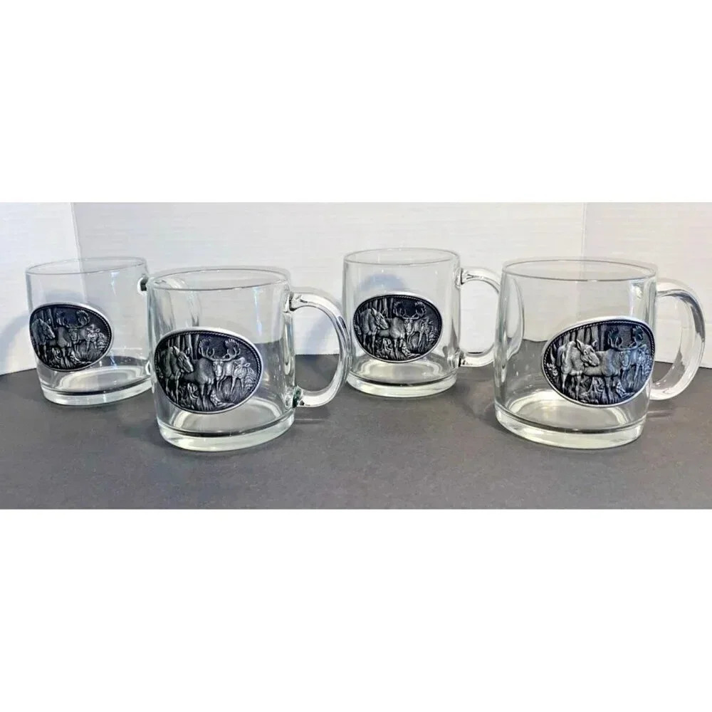 Set Of 4 Heritage Metalworks Fine Pewter Coffee Mugs With Etched Moose.